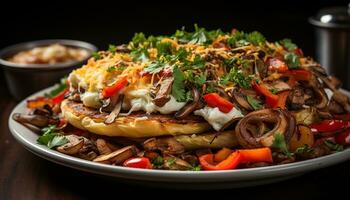 AI generated Grilled beef taco with fresh vegetables, homemade guacamole, and salsa generated by AI photo