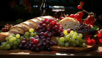 AI generated Fresh grape bunches on wooden table, perfect for wine making generated by AI photo