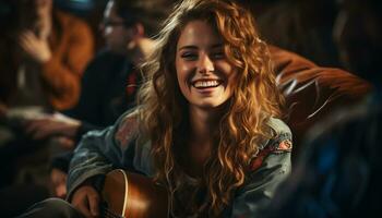 AI generated Young women sitting outdoors, playing guitar, enjoying the night together generated by AI photo