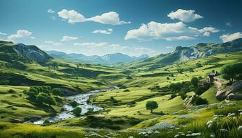 AI generated Majestic mountain peak, rolling meadow, tranquil scene, nature beauty generated by AI photo