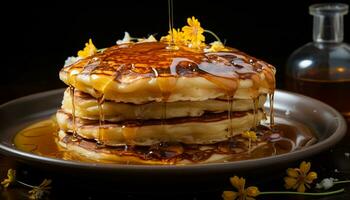 AI generated Homemade pancake stack with fresh fruit and sweet syrup generated by AI photo