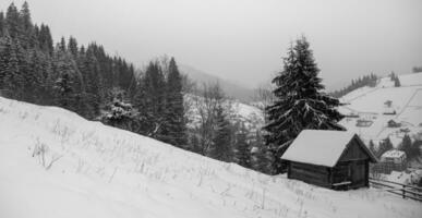 panorama de el pueblo en el invierno montañas cubierto con nieve. invierno paisaje. el concepto de libertad y soledad. foto