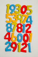 Colorful wooden numbers on a blackboard background with space for text photo