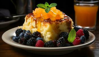 ai generado Fresco Fruta postre en de madera lámina, un sano verano bocadillo generado por ai foto