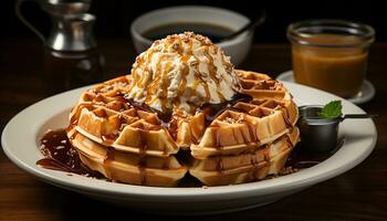 AI generated A stack of homemade pancakes with chocolate sauce and fruit generated by AI photo