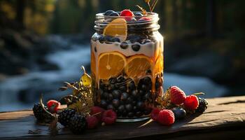 AI generated Fresh berry cocktail on rustic wooden table in nature generated by AI photo