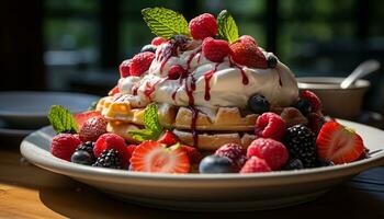 ai generado Fresco baya postre en de madera lámina, un gastrónomo verano indulgencia generado por ai foto