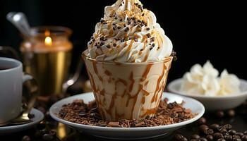 AI generated Hot drink, coffee cup, whipped cream, chocolate, dessert, indulgence generated by AI photo