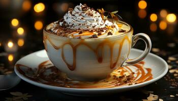 AI generated Hot chocolate with whipped cream on a rustic wooden table generated by AI photo