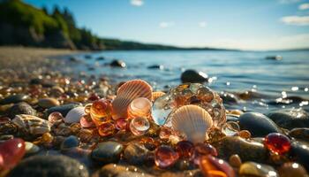 AI generated Summer coastline, tranquil seascape, wet sand, shiny seashell collection generated by AI photo