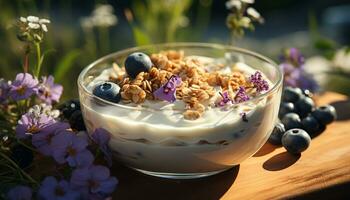 AI generated Freshness and sweetness in a homemade blueberry yogurt parfait generated by AI photo