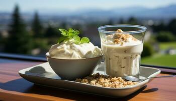 ai generado frescura en mesa yogur, postre, comida, cerca arriba, crema, gastrónomo generado por ai foto