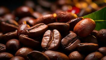 AI generated Fresh coffee beans on a dark background, a caffeine boost generated by AI photo