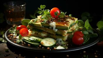 AI generated Fresh grilled tomato salad on wooden plate, healthy and delicious generated by AI photo