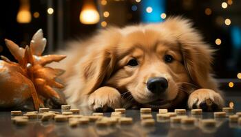 AI generated Cute puppy playing with toy, surrounded by Christmas decorations generated by AI photo