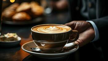 AI generated Young adult drinking cappuccino, enjoying coffee break in cozy cafe generated by AI photo