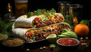 AI generated Gourmet Mexican meal beef burrito with guacamole and salsa generated by AI photo