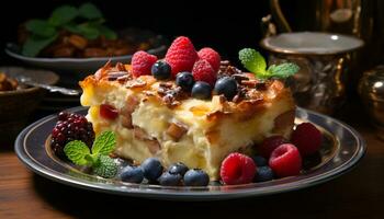 AI generated Fresh berry dessert on wooden plate with mint leaf garnish generated by AI photo