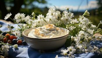 ai generado Fresco Fruta y yogur bol, un sano verano indulgencia generado por ai foto