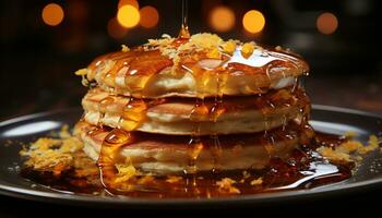 AI generated Stack of homemade pancakes with syrup and melted butter generated by AI photo