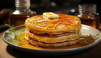 AI generated Stack of homemade pancakes with fresh berries and chocolate syrup generated by AI photo