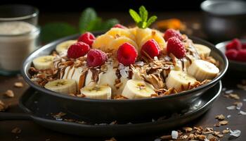 AI generated Fresh fruit dessert banana, raspberry, strawberry, blueberry, homemade yogurt generated by AI photo