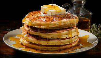 AI generated Freshly cooked stack of homemade pancakes with honey pouring over generated by AI photo