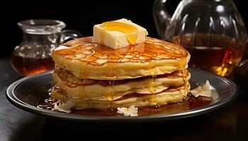 AI generated Freshly baked pancakes stacked high with butter and syrup generated by AI photo