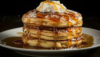 AI generated Stack of homemade pancakes with syrup and fresh fruit generated by AI photo