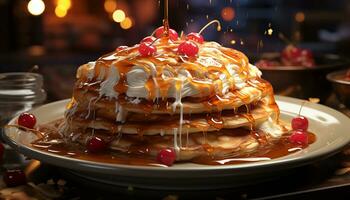 AI generated A stack of sweet pancakes with fresh fruit and syrup generated by AI photo