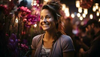 ai generado joven mujer al aire libre, sonriente y disfrutando un despreocupado verano generado por ai foto