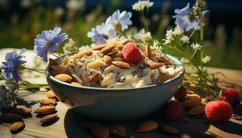 AI generated Fresh fruit bowl, almond granola, raspberry yogurt, walnut oatmeal generated by AI photo