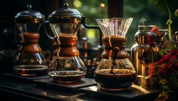 ai generado Fresco café vertido dentro vaso, trayendo calor y cafeína generado por ai foto