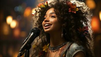 AI generated Young woman singer on stage, smiling, captivating the audience generated by AI photo