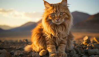 AI generated Cute kitten sitting outdoors, staring at sunset, fluffy fur generated by AI photo