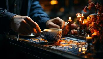 AI generated A person holding a coffee cup by a candle flame generated by AI photo