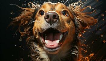 AI generated Cute puppy splashing water, tongue out, looking at camera generated by AI photo