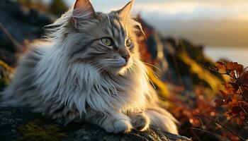 AI generated Cute kitten sitting in grass, looking at sunset, playful outdoors generated by AI photo