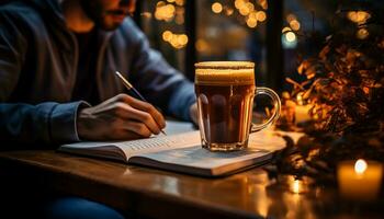 AI generated A man sitting at a table, holding a coffee mug generated by AI photo