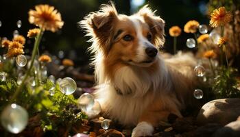 ai generado linda perrito sentado en césped, jugando con amarillo flor generado por ai foto