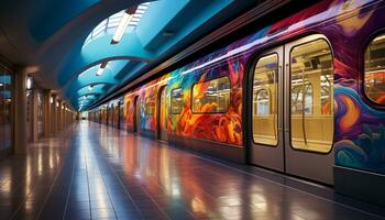 AI generated Modern subway train speeds through underground, illuminating futuristic architecture generated by AI photo