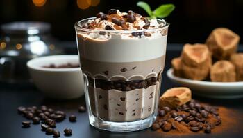 AI generated Freshness in a cup gourmet coffee, creamy chocolate, sweet dessert generated by AI photo