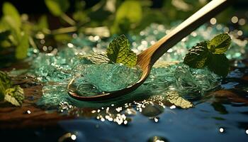 AI generated Fresh green leaf reflects in water, nature refreshing beauty generated by AI photo