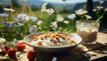 ai generado Fresco verano postre yogur, fruta, y Granola en de madera mesa generado por ai foto