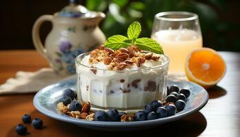 AI generated Freshness and sweetness in a homemade blueberry yogurt parfait generated by AI photo