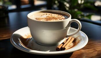 AI generated Freshness in a cup, hot coffee, wood table, rustic elegance generated by AI photo