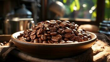 AI generated Fresh coffee bean on wooden table, a caffeine addiction generated by AI photo