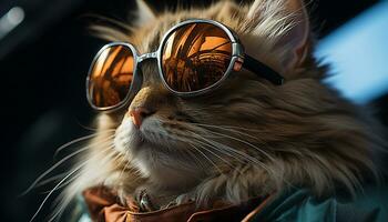 ai generado linda gatito mirando a cámara con azul Gafas de sol generado por ai foto