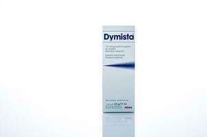 CHONBURI, THAILAND-DECEMBER 10, 2023 Dymista Nasal Spray isolated on white. Azelastine and fluticasone for treatment allergic rhinitis and rhino-conjunctivitis. Antihistamine and steroid nasal spray. photo