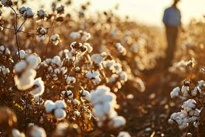 ai generado algodón granja durante cosecha estación. campo de algodón plantas con blanco bolitas sostenible y Respetuoso del medio ambiente práctica en un algodón granja. orgánico agricultura. crudo material para textil industria. foto